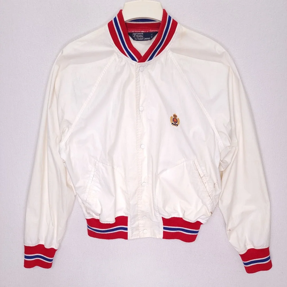Polo Ralph Lauren‎ Vintage Mens M White Varsity Bomber Jacket Crest Logo